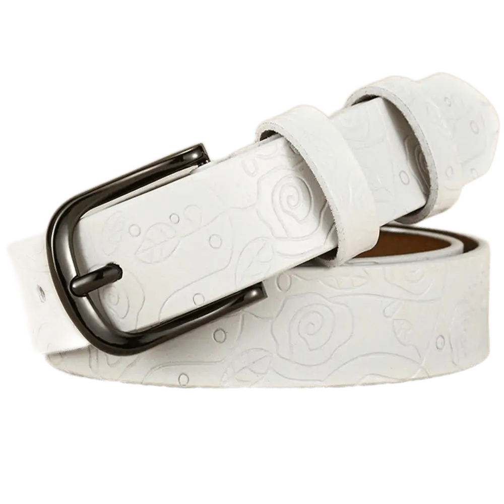 White leather belt with floral pattern and dark buckle from Venunia Leather Belt collection