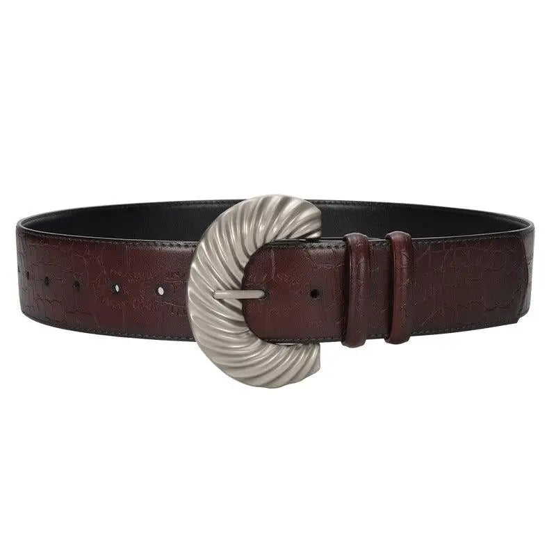 Brown leather belt with silver buckle shown as part of Brown Leather Belt with Silver Buckle and Sherpa Vest Accessory
