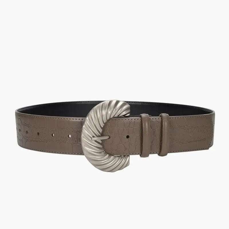 Taupe leather belt with silver buckle from Brown Leather Belt with Silver Buckle and Sherpa Vest Accessory