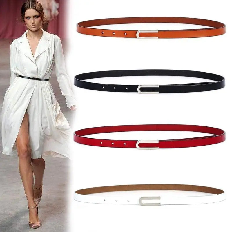 Assorted thin leather belts with silver buckles displayed for stylish fashion accessories