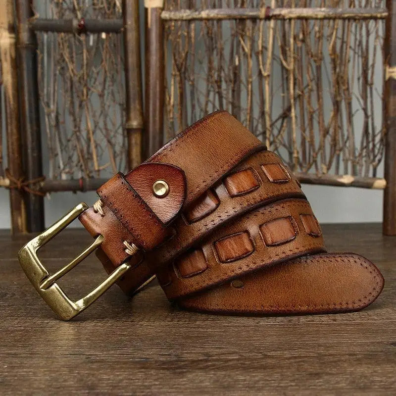 Full-grain leather belt with brass buckle showcasing superior craftsmanship