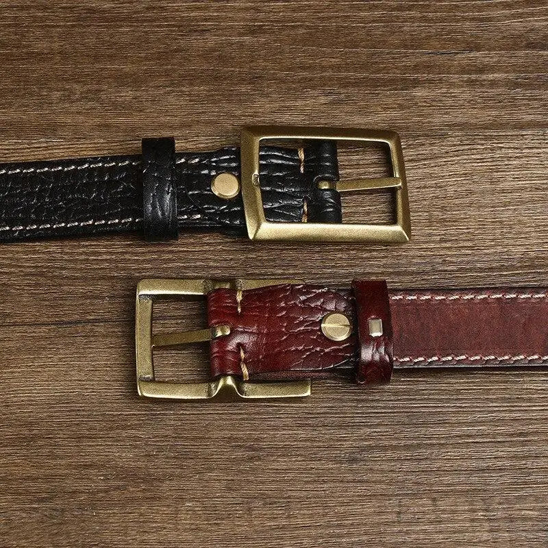 Avainia Leather Belt Collection featuring two leather belts with brass buckles for men and women
