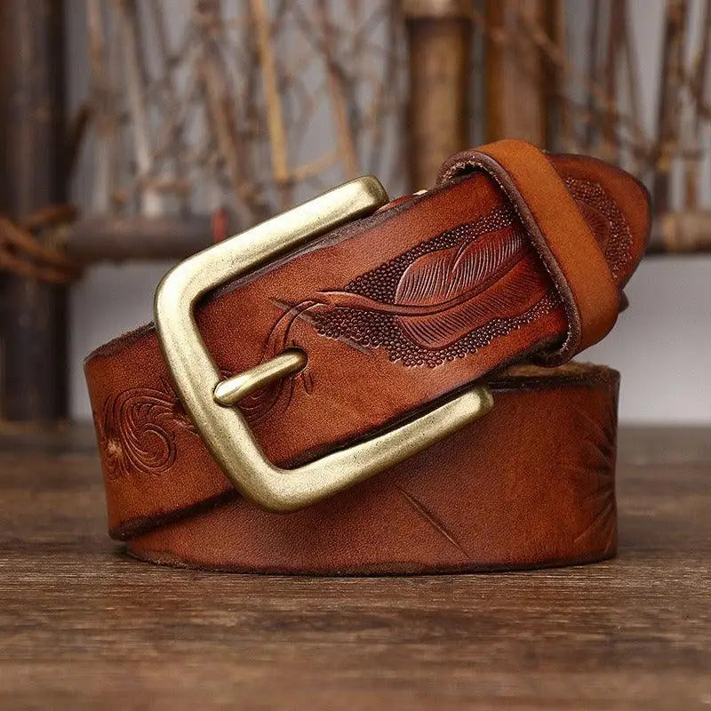 Deepak Model leather belt with feather design and brass buckle for stylish wear