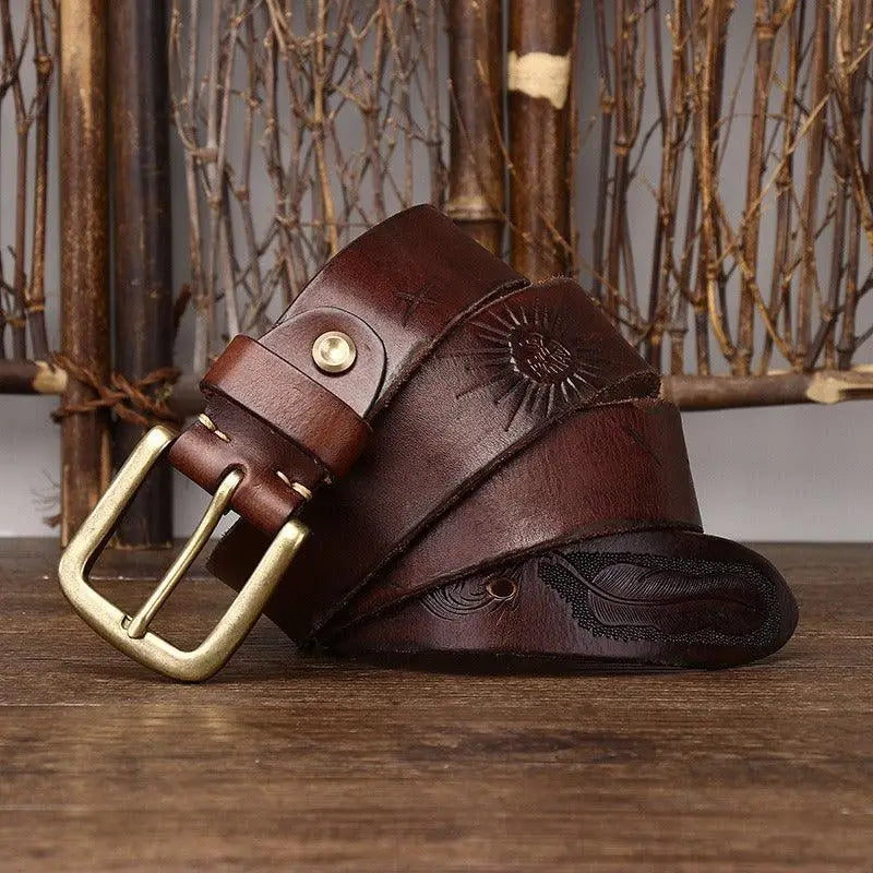 Deepak Model embossed brown leather belt with brass buckle for stylish wear