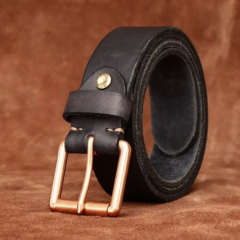 Nisha Leather Belt with Copper Buckle for Elegant Style showcasing a black leather belt