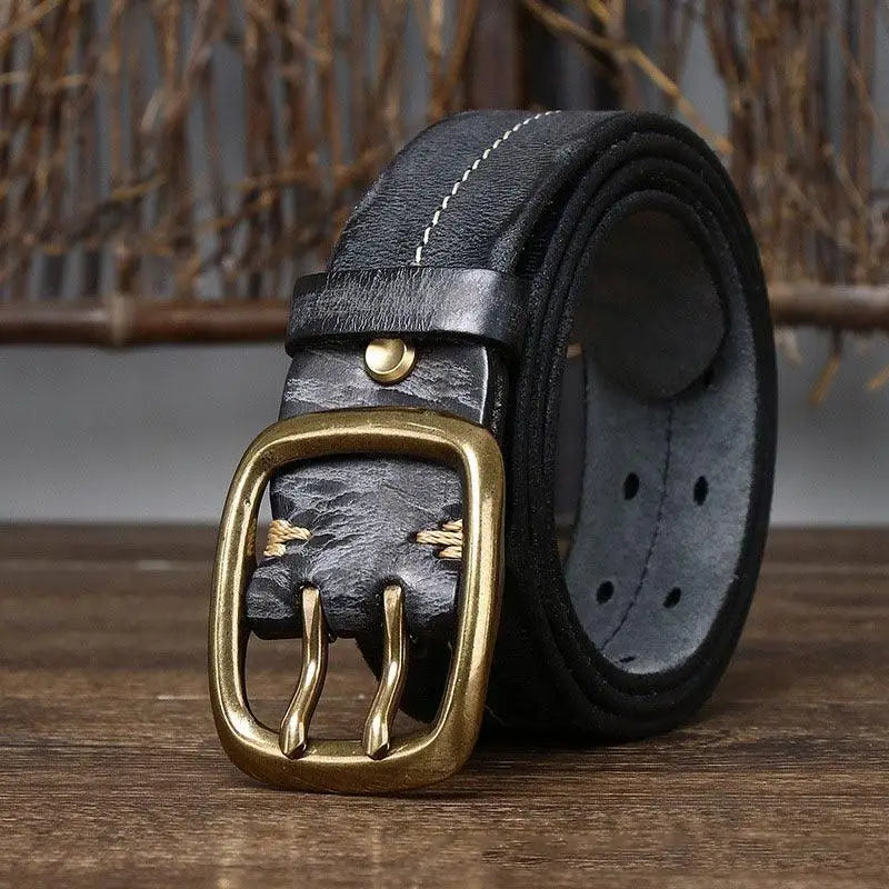 Black Pekhrari Leather Belt with Brass Double-Prong Buckle for stylish men styles