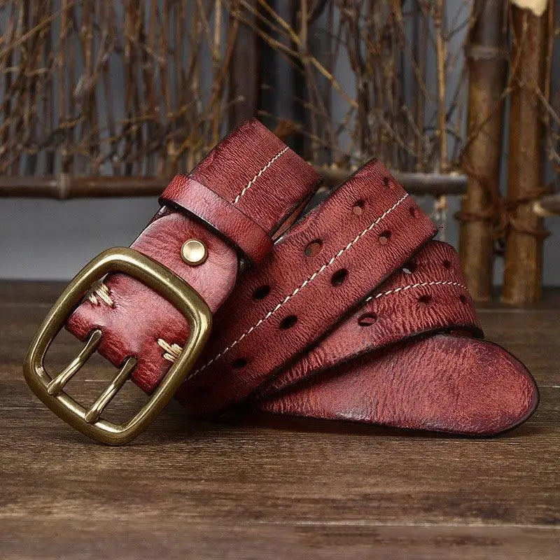 Maroon Pekhrari leather belt with brass buckle in stylish leather belt design