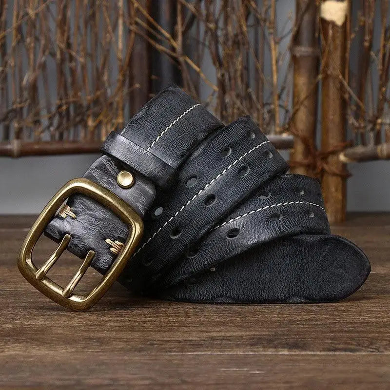Black leather belt with brass buckle from Pekhrari Leather Belt collection