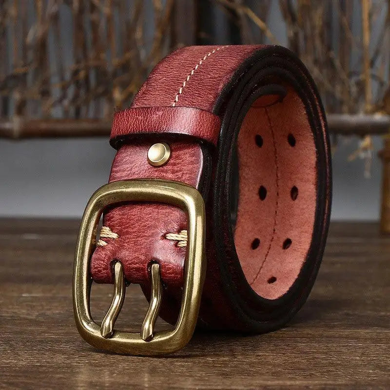 Red leather belt with brass buckle from Pekhrari Leather Belt in Black and Brown styles