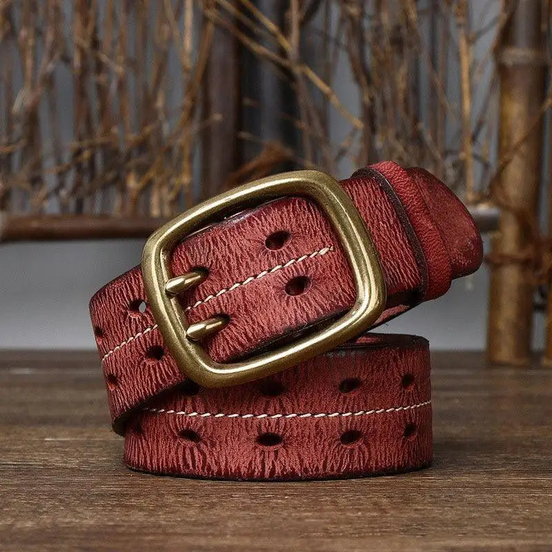 Maroon Pekhrari leather belt with brass buckle in black and brown styles