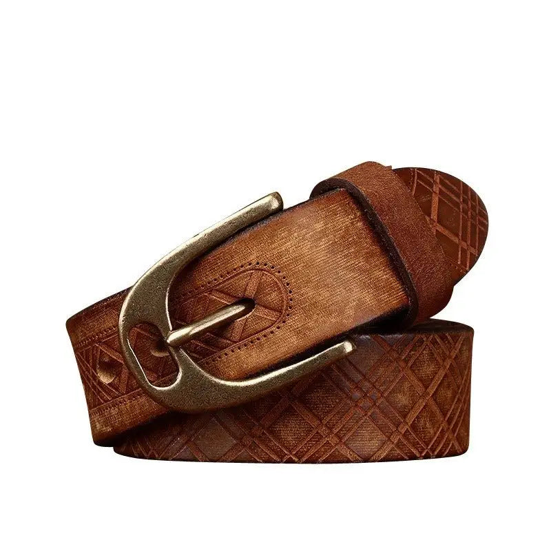 Brown leather belt with a gold buckle from Assorted Embossed Leather Belts with Brass Buckles