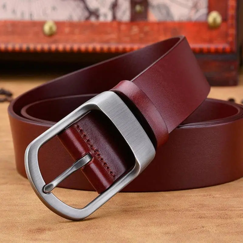Domezio leather belt in burgundy with silver buckle showcasing premium leather design