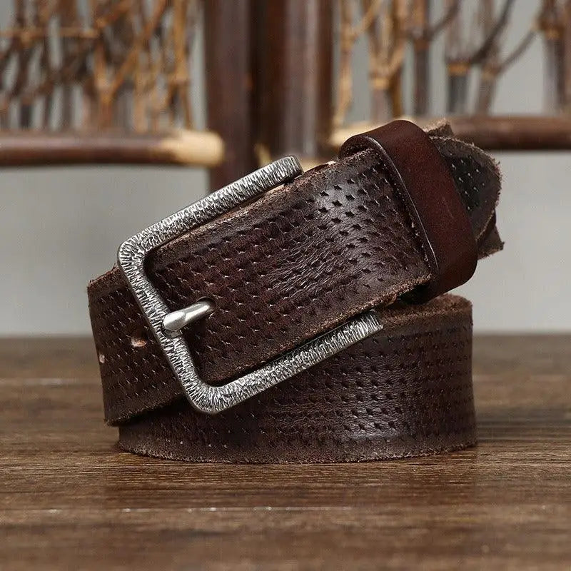 Brown leather belt with a silver buckle, ideal for formal and casual attire