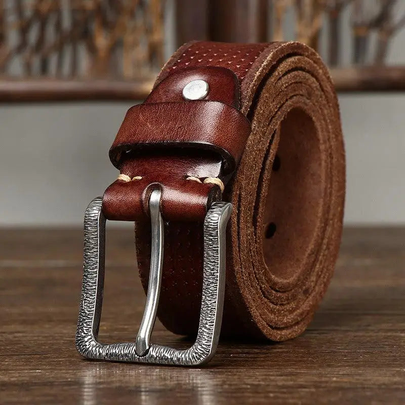 Brown Leather Belt with Silver Buckle featuring textured metal detail for stylish wear