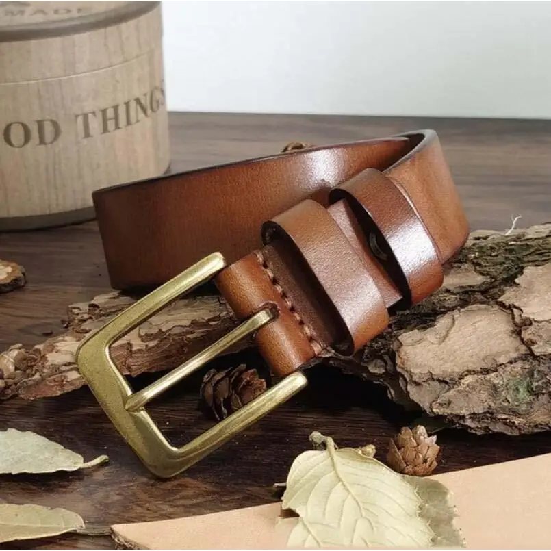 Brown leather belt with brass buckle, Araziia Leather Belt in Brown for men