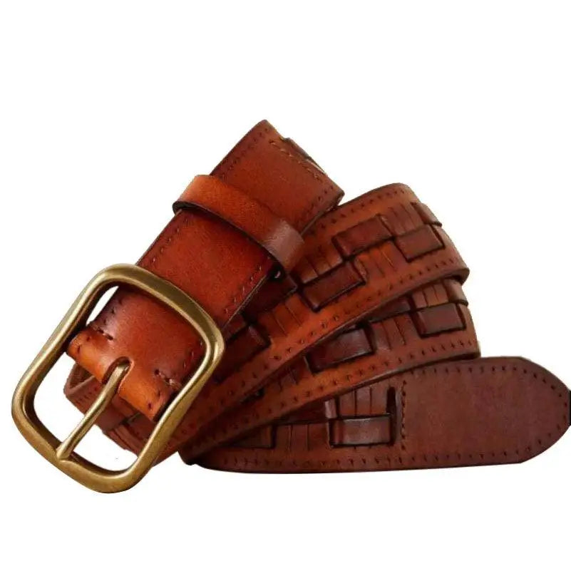 Brown leather belt with brass buckle from Assorted Leather Belts and Two-Tone Denim Jeans collection