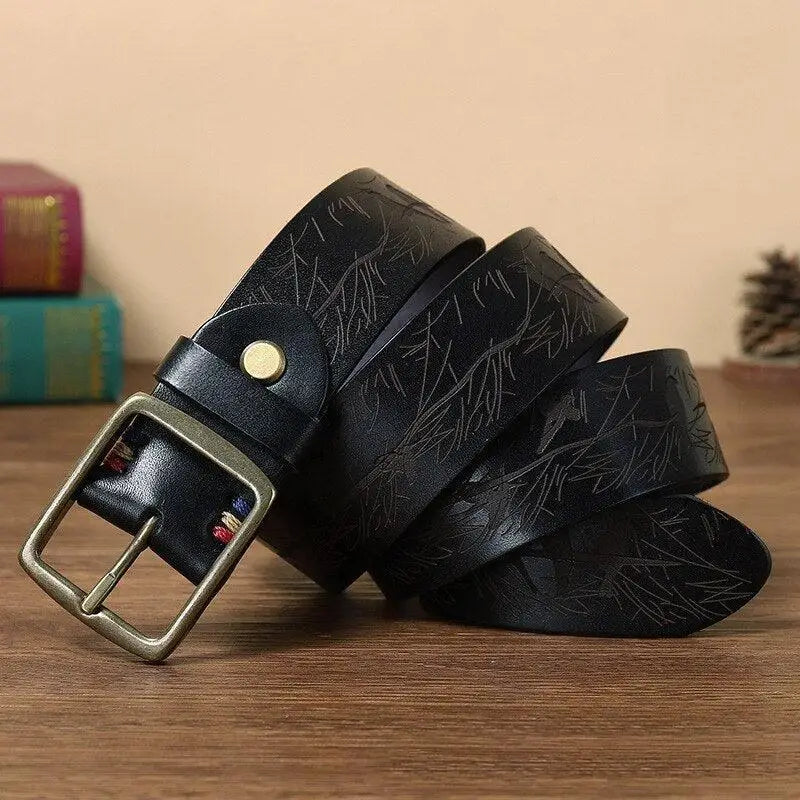 Black leather belt with patterned design from Set of Four Leather Belts with Brass Buckles