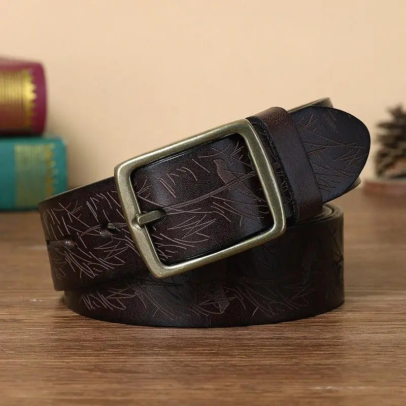 Brown leather belt with patterned design and brass buckle from Set of Four Leather Belts