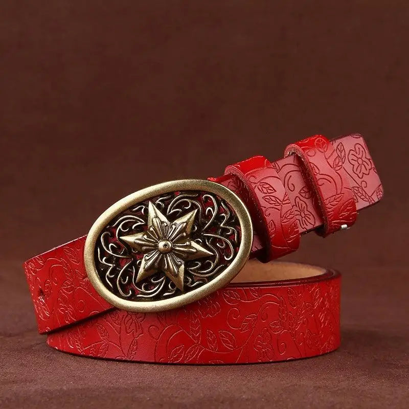 Red leather belt with floral pattern and ornate gold star buckle, Sanaa Leather Belt