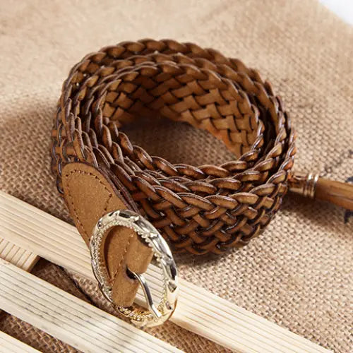 Kara braided leather belt with decorative buckle and tassel for stylish accessories