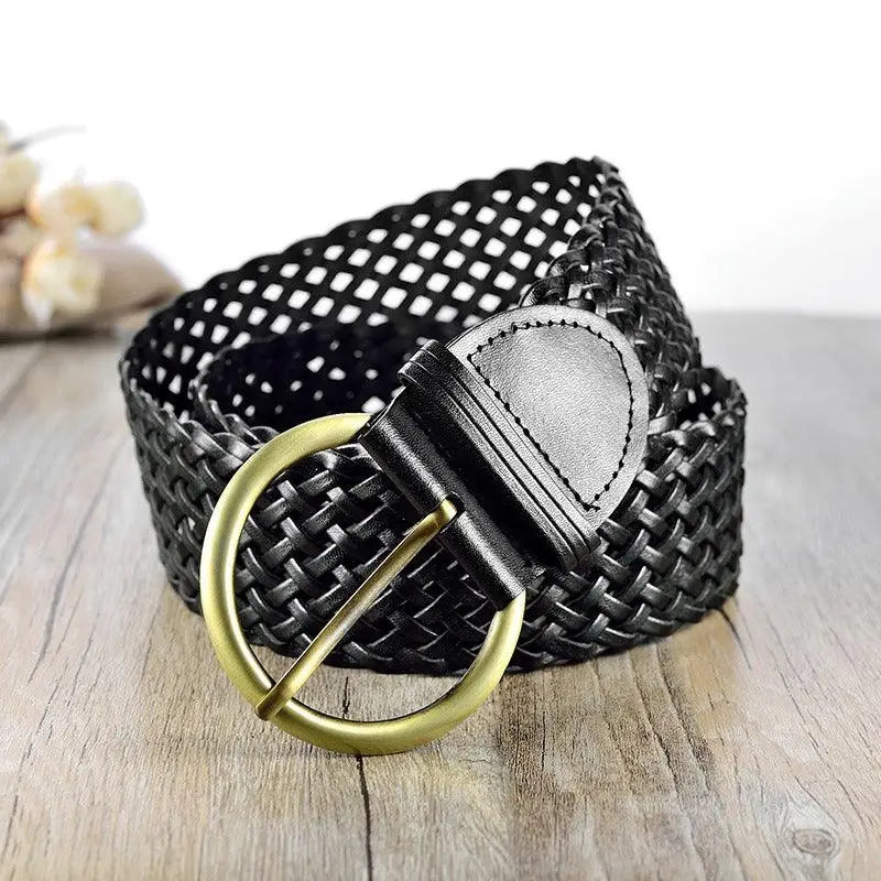 Woven leather belt with gold buckle for elegant style, crafted from high-quality woven leather