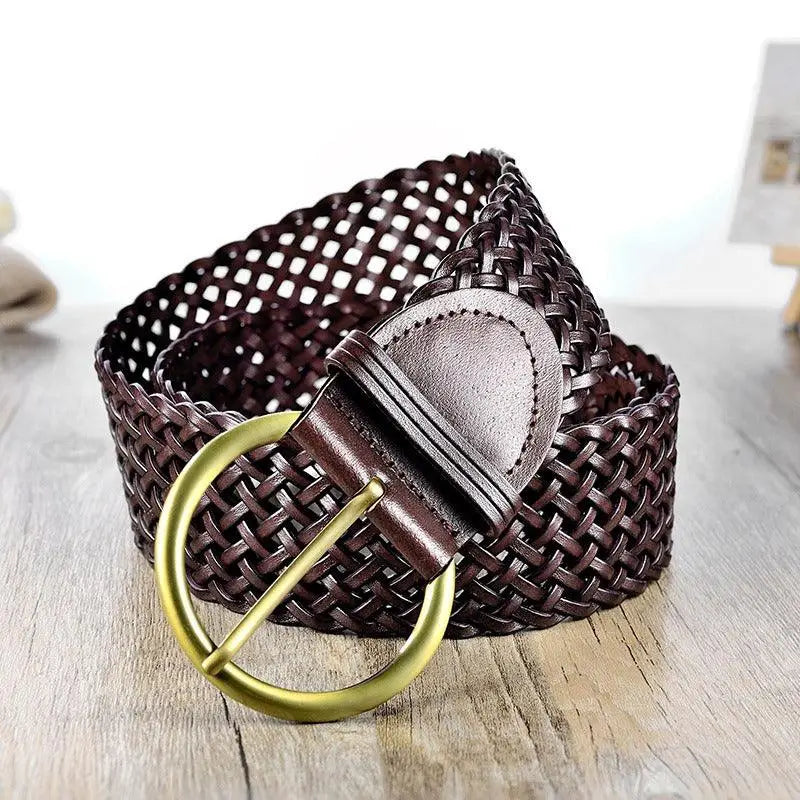Woven leather belt with gold buckle for elegant style | Leather belt accessory