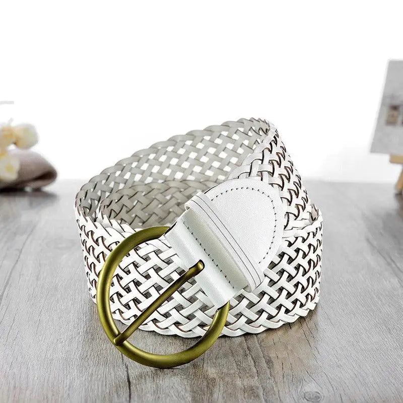 White woven leather belt with gold buckle for elegant style