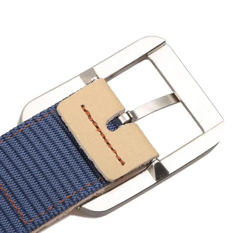 Blue fabric nylon Biona belt with silver buckle in olive green and beige canvas styles