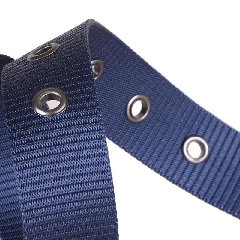 Blue fabric belt with metal eyelets from the Nylon Biona Belt in Olive Green and Beige Canvas Styles