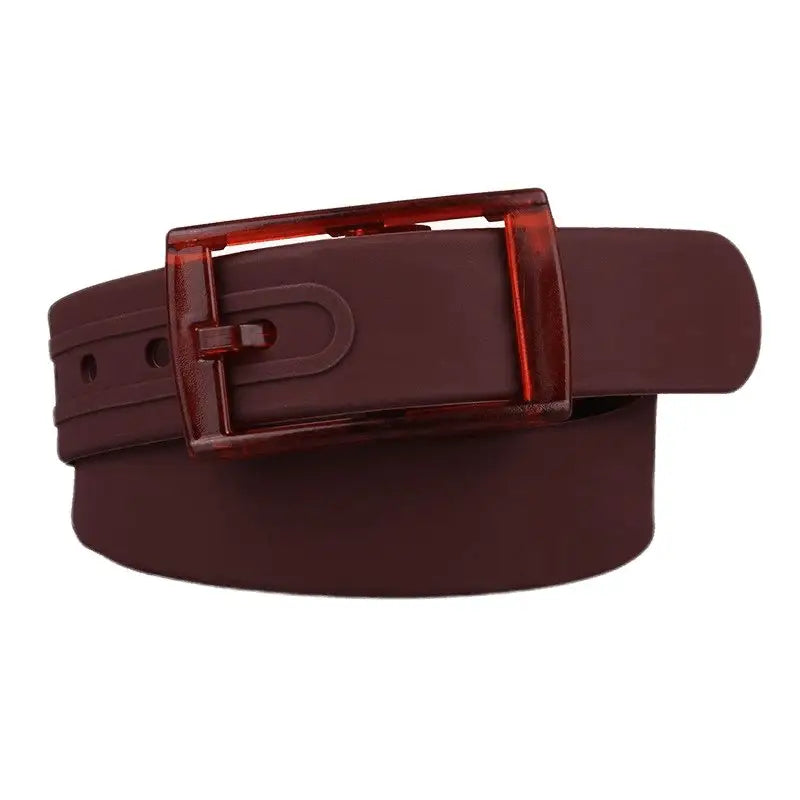 Maroon leather belt with transparent red buckle displayed in Colorful and Leather Belts for Fashion and Utility