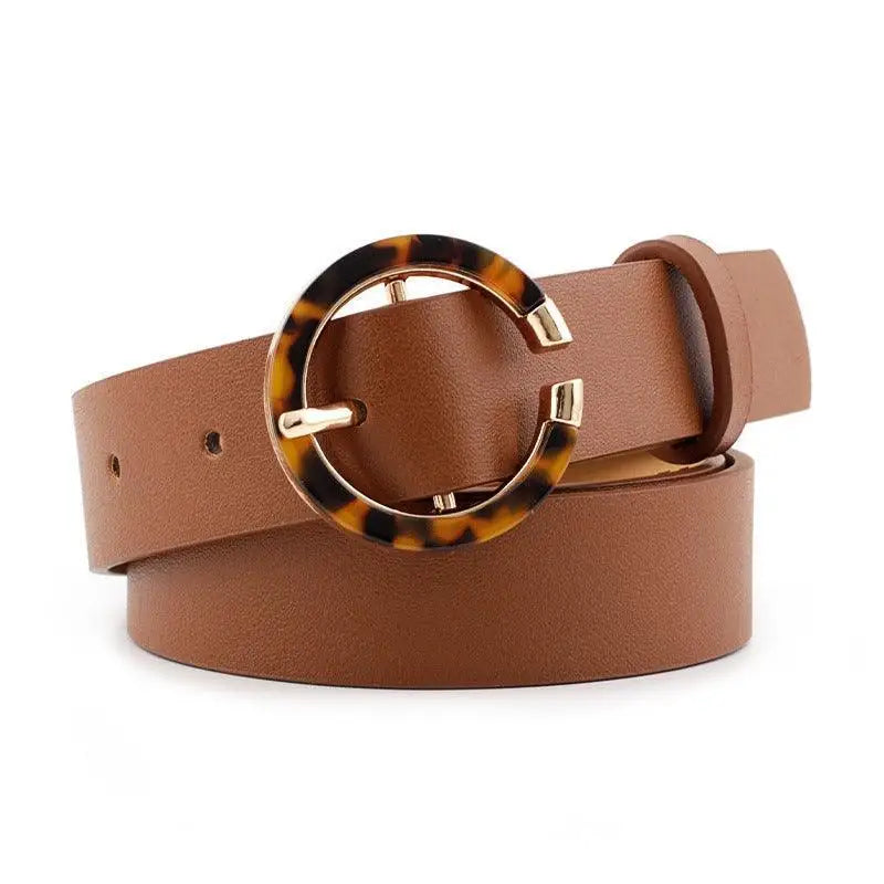 Brown leather belt with tortoise-patterned buckle from Set of Three Stylish Faux Leather and Leather Belts