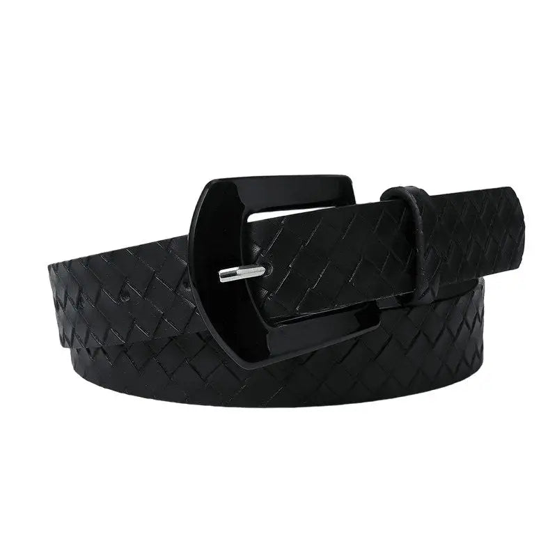 Black woven faux leather belt with square buckle displayed in Pastel and Light Blue styles