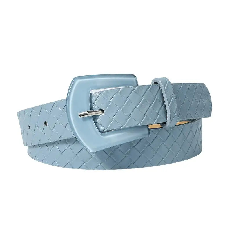 Light blue faux leather woven belt with a square buckle from Faux Leather Textured Belts collection