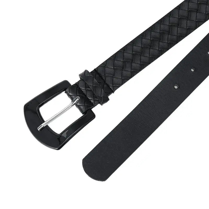 Black woven faux leather belt with square buckle, stylish pastel and light blue options