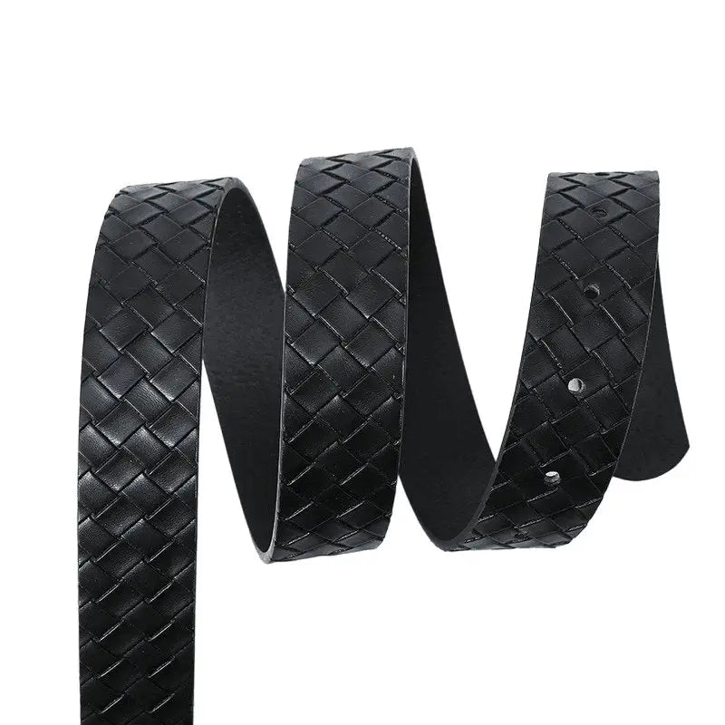 Black woven faux leather belt with square buckle, ideal for stylish casualwear