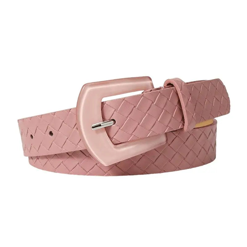 Pink faux leather woven belt with square buckle from Faux Leather Textured Belts collection