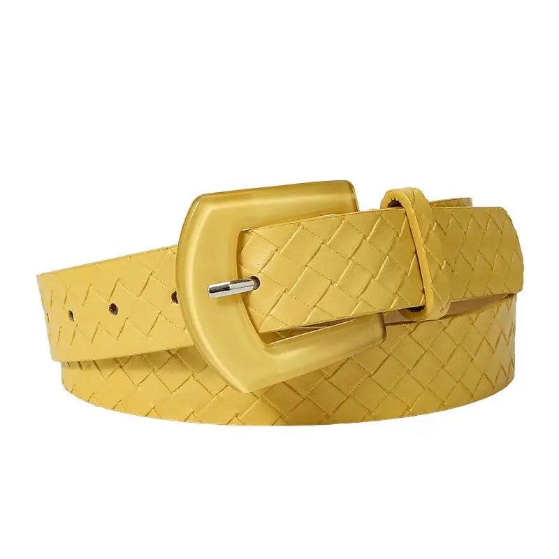 Yellow faux leather woven belt with square buckle from Faux Leather Textured Belts collection
