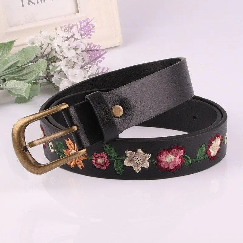Black leather belt with floral embroidery, ideal for women’s faux leather accessories