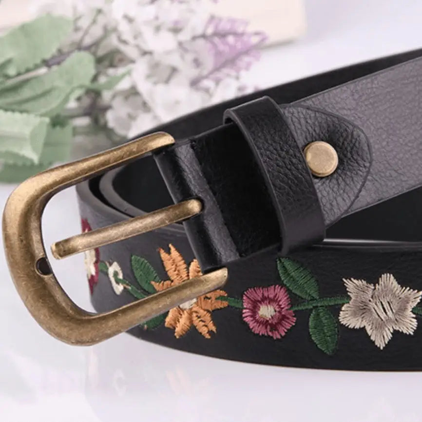 Embroidered black leather belt with brass buckle for women’s faux leather accessories