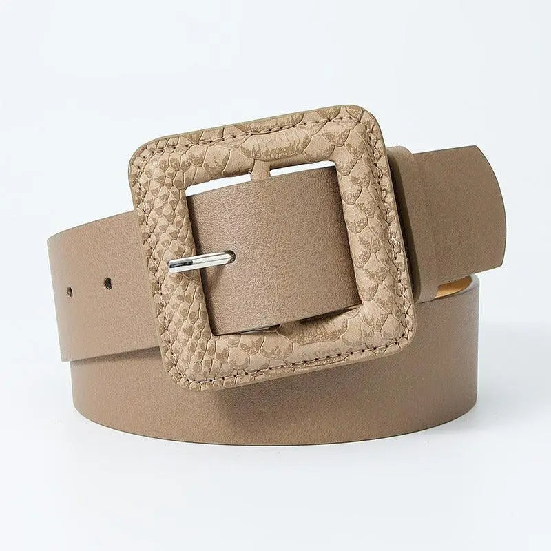 Beige Wilna Belt with snakeskin-textured square buckle from Wilna Belt Collection