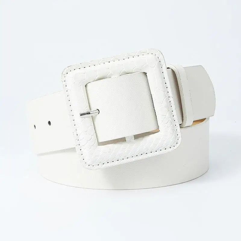 White belt with square buckle from Wilna Belt Collection in Pink, Yellow, and Lavender