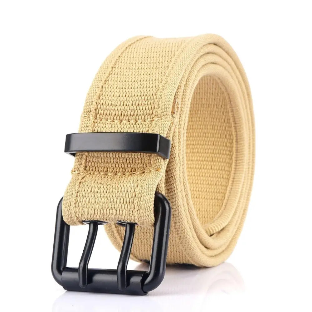Magjan Canvas Belt with Double Prong Buckle in khaki canvas material