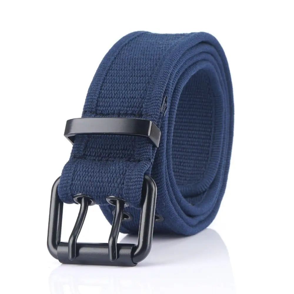 Navy blue Magjan Canvas Belt with a black double-prong buckle from the Magjan Canvas Belt Collection
