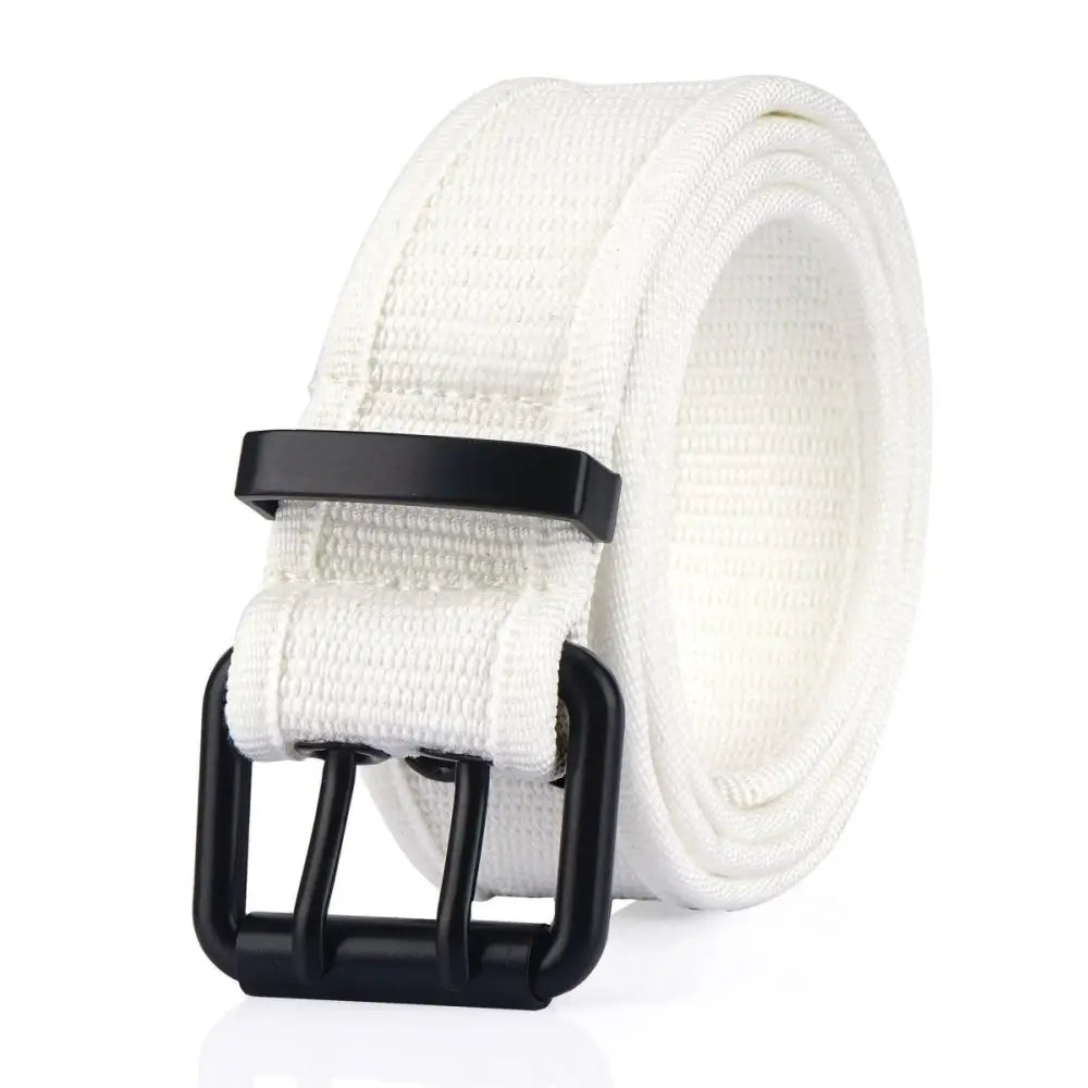 White canvas belt with black double-prong buckle from Magjan Canvas Belt Collection