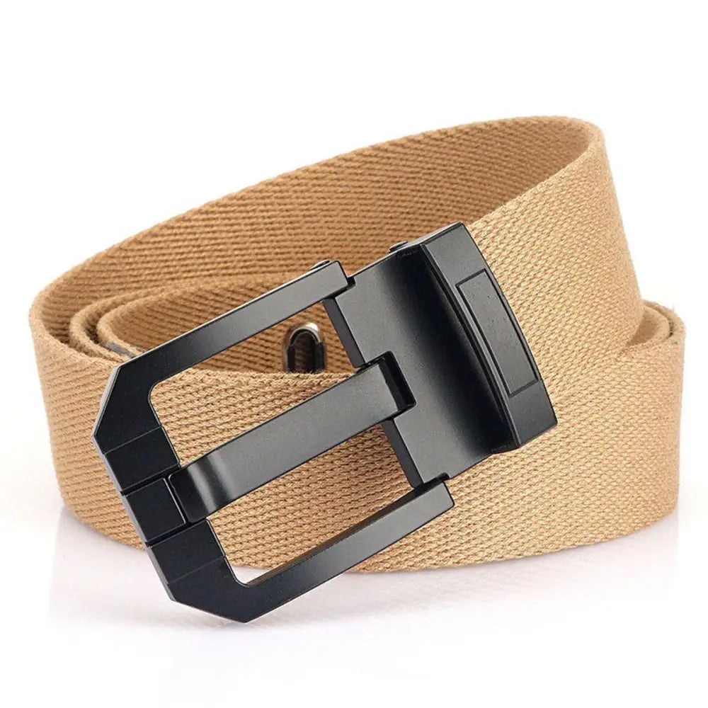 Tan canvas belt with black buckle enhancing aesthetic appeal for stylish wear