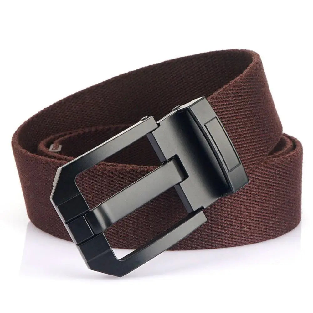 Brown canvas belt with black buckle, enhancing aesthetic appeal and stylish design