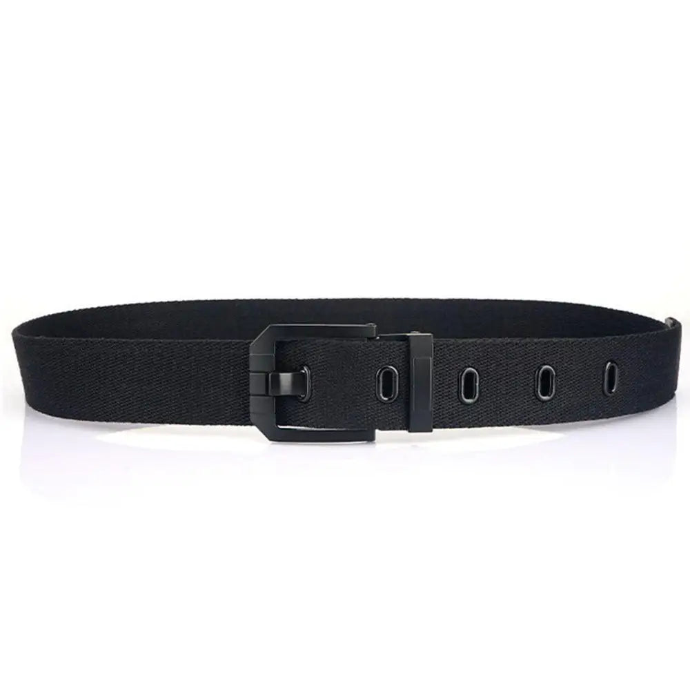 Black canvas belt with metal buckle and eyelets enhancing aesthetic appeal