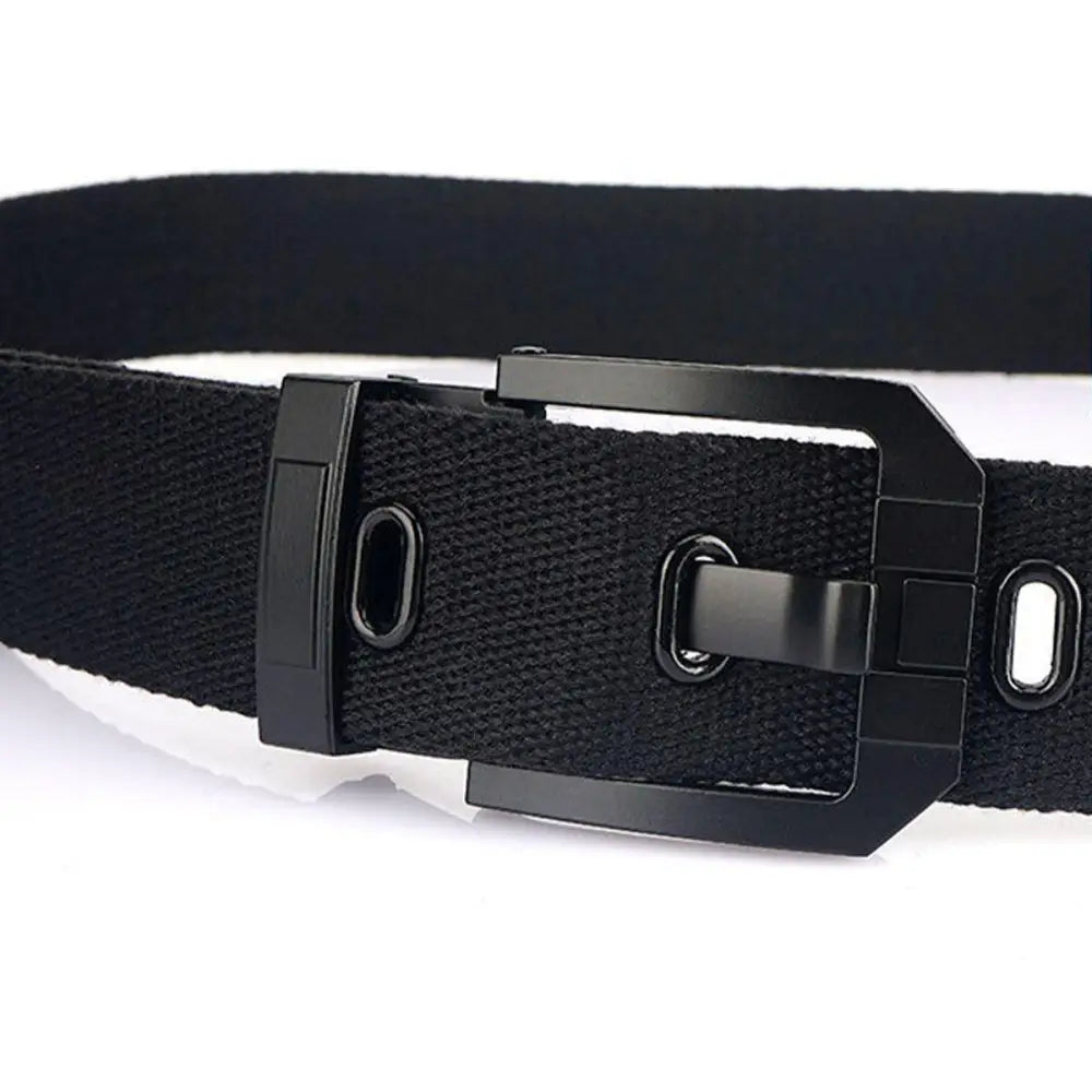 Black canvas belt with metal buckle highlighting aesthetic appeal and a durable black buckle