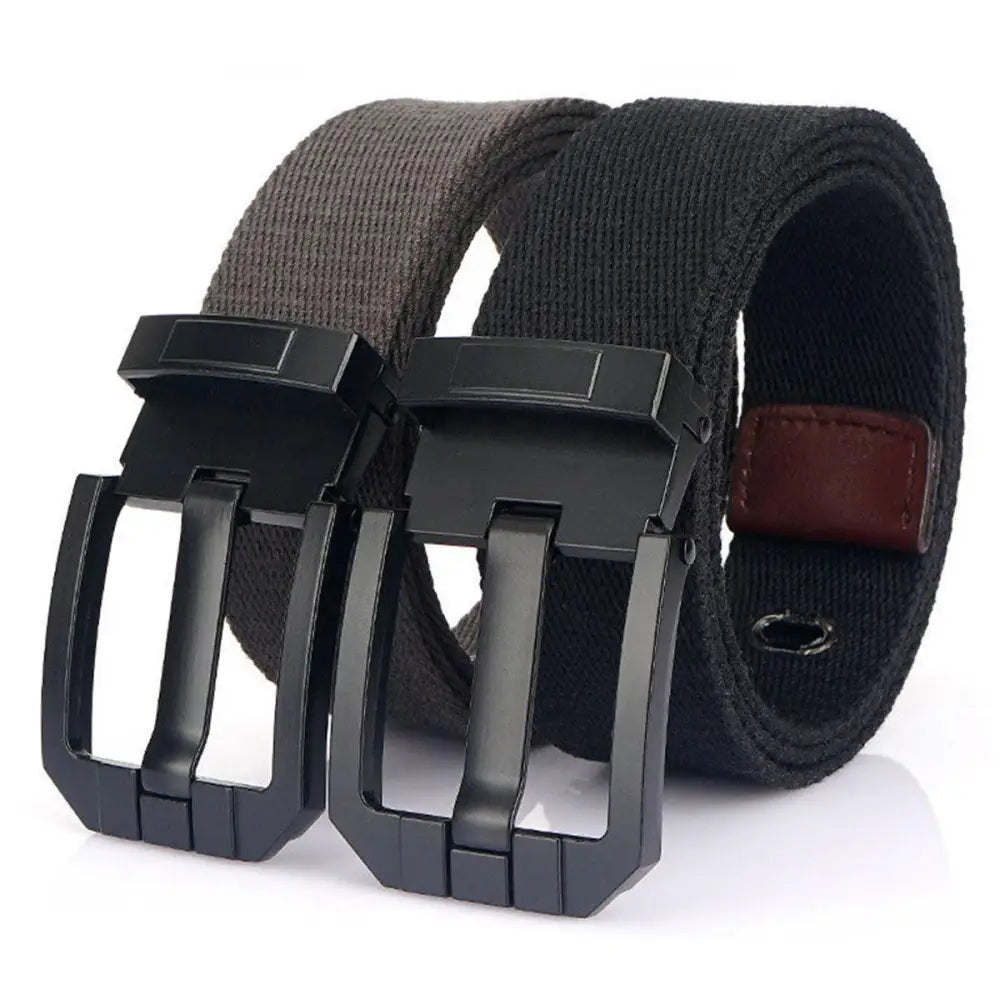 Black canvas belts with metal black buckles enhancing aesthetic appeal