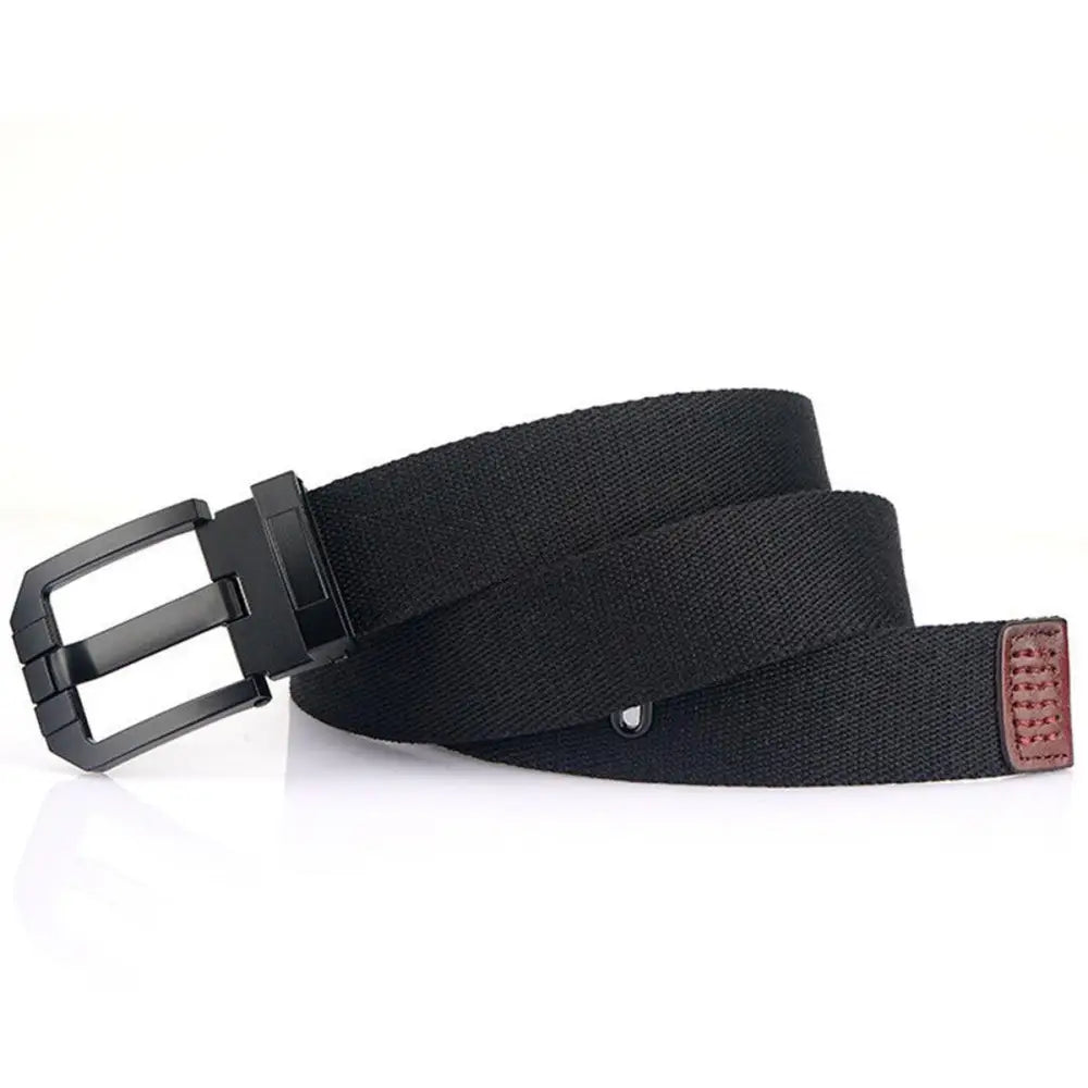 Black canvas belt with a black buckle, enhancing aesthetic appeal and style